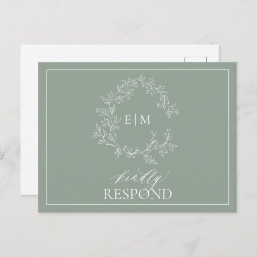 Sage Green Leafy Wappen Monogram Wedding RSVP Einladungspostkarte (Vorne/Hinten)