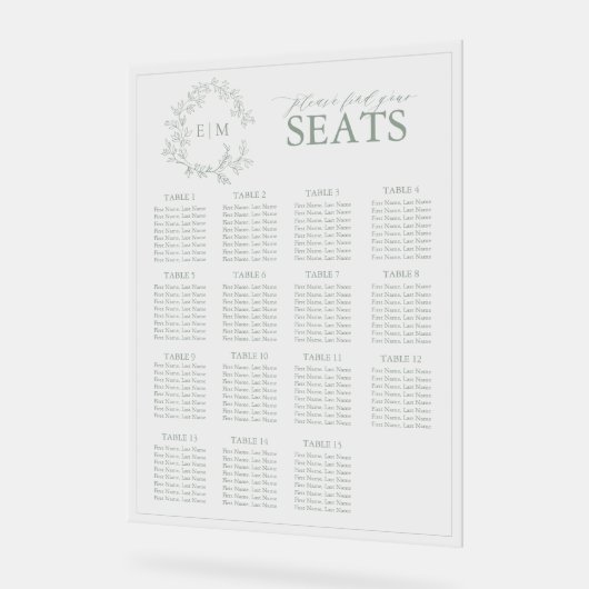 Sage Green Leafy Wappen Monogram Wedding Seating S Acrylschild (Winkel)