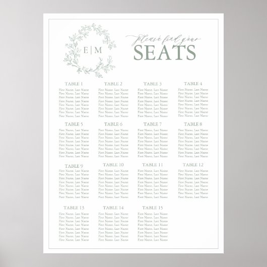 Sage Green Leafy Wappen Monogram Wedding Seating S Poster (Vorne)