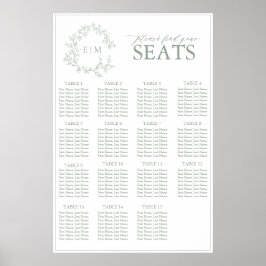 Sage Green Leafy Wappen Monogram Wedding Seating S Poster