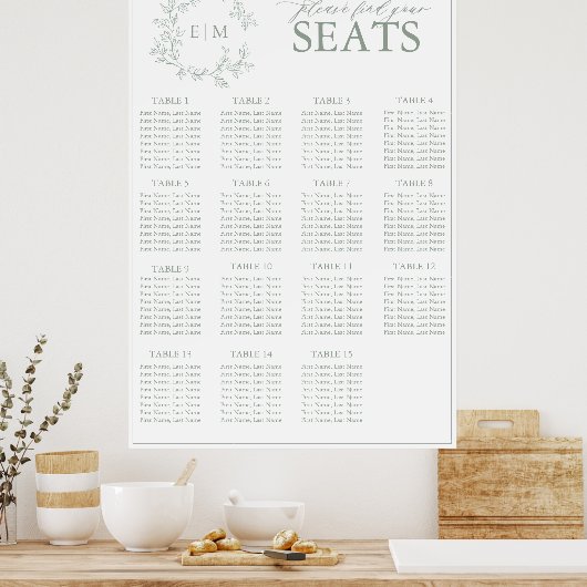 Sage Green Leafy Wappen Monogram Wedding Seating S Poster (Küche)