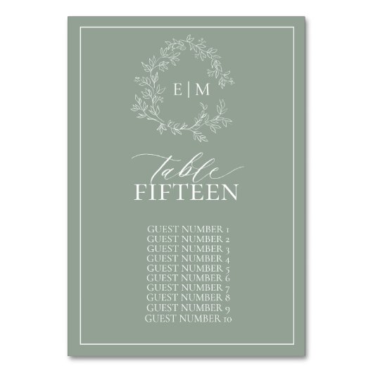 Sage Green Leafy Wappen Monogram Wedding Table Num Tischnummer (Vorderseite)
