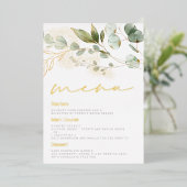 Sage Green Leaves Wedding Gold Foil Menu Folieneinladung (Stehend vorne)