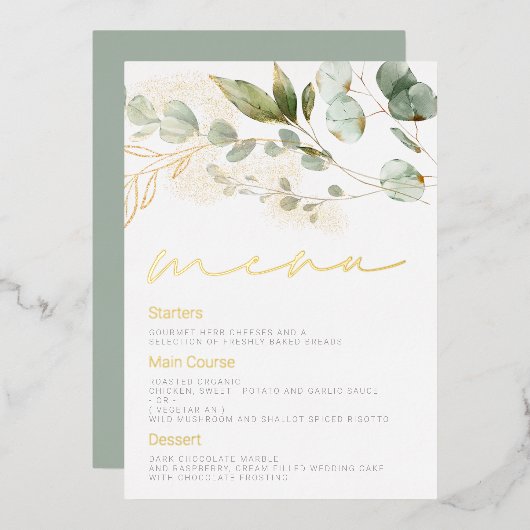 Sage Green Leaves Wedding Gold Foil Menu Folieneinladung (Vorderseite/Rückseite)