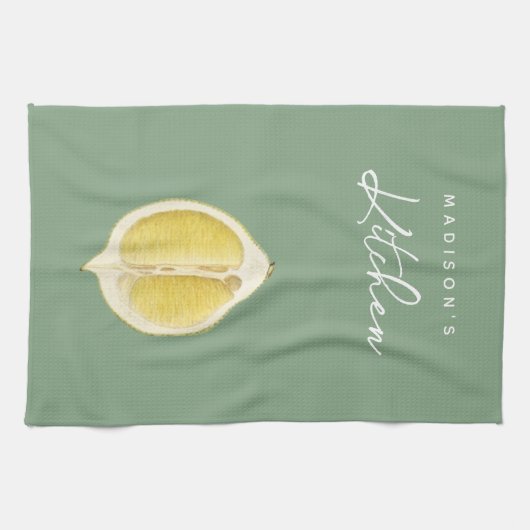 Sage Green & Lemon Script Cooking Individuelle Nam Geschirrtuch (Horizontal)