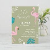 Sage Green Let’s Flamingle Flamingo Birthday Einladung (Stehend Vorderseite)