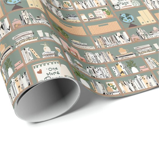 Sage Green Library Bookshelf Pattern Geschenkpapier (Rolleneckpunkt)