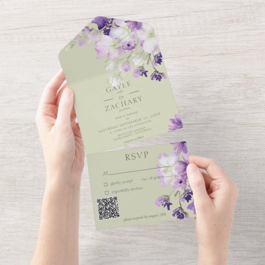 Sage Green Lila Boho Floral QR-Code All In One Einladung (Abreißen)