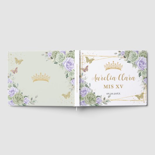 Sage Green Lila Floral Butterfliegen QUINCEAÑERA Gästebuch (Voll)