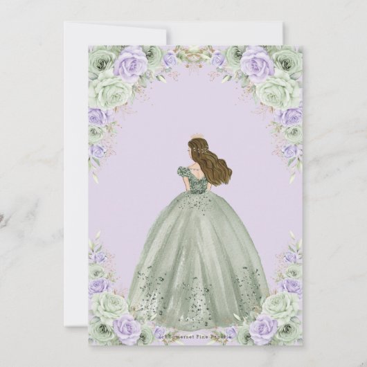 Sage Green Lila Floral Princess Gown Quinceañera Einladung (Rückseite)