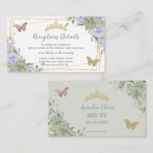 Sage Green Lila Floral Quinceñera Empfang Begleitkarte (Vorne/Hinten)