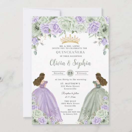 Sage Green Lila Floral Twin Girls Quinceañera Einladung (Vorderseite)