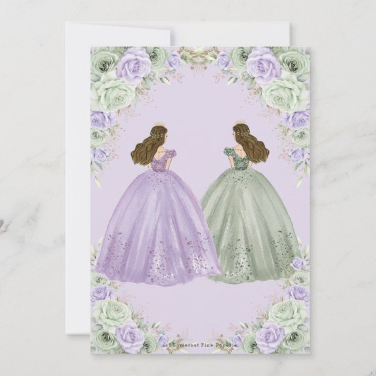 Sage Green Lila Floral Twin Girls Quinceañera Einladung (Rückseite)