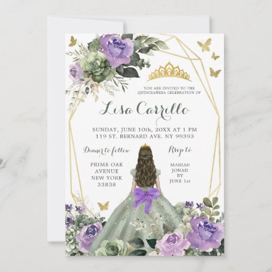 Sage Green Lila Lilac Bow Princess Quinceañera Einladung (Vorderseite)