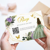 Sage Green Lila Princess Quinceañera QR RSVP Karte