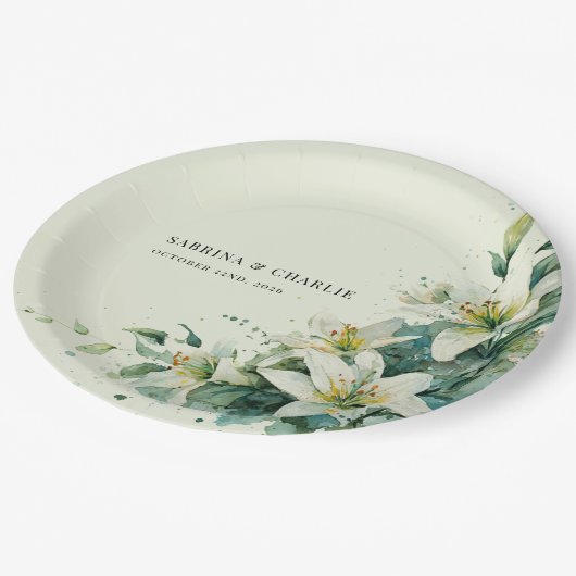 Sage Green Lily Valley Elegant Floral Wedding Pappteller (Schrägansicht)