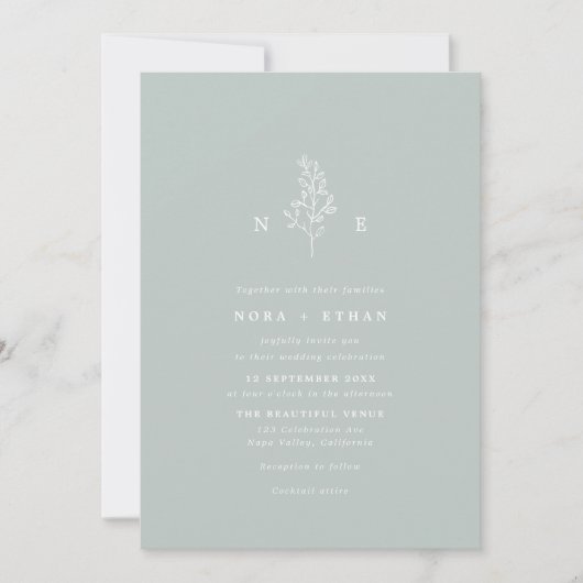 Sage Green Line Art Leaf Monogram Wedding Einladung (Vorderseite)