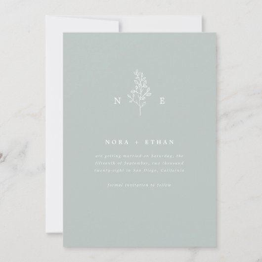 Sage Green Line Art Leaf Monogram Wedding Save The Date (Rückseite)