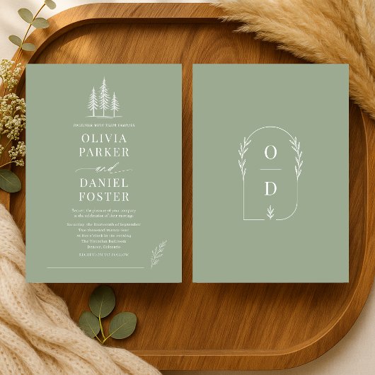 Sage Green Line Art Rustic Forest Wedding Einladung