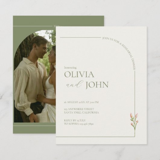 Sage Green & Linen Arch Minimal Rehearsal Dinner (Vorne/Hinten)