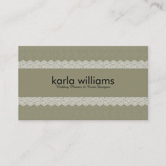 Sage Green Linen Textur & White Lace Visitenkarte (Vorderseite)