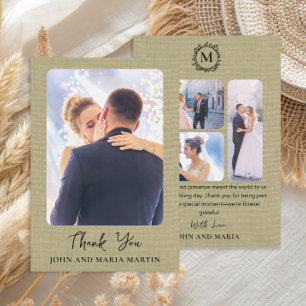 Sage Green Linen Wedding Foto Collage Vielen Dank Dankeskarte