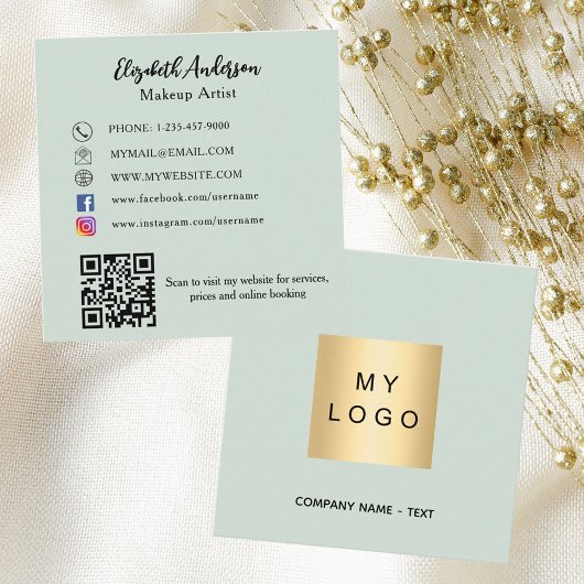 Sage Green Logo QR Code Social Media Quadratische Visitenkarte