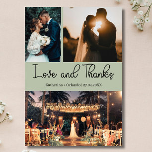 Sage Green Love & Thanks Drei-Fotos Hochzeit Karte