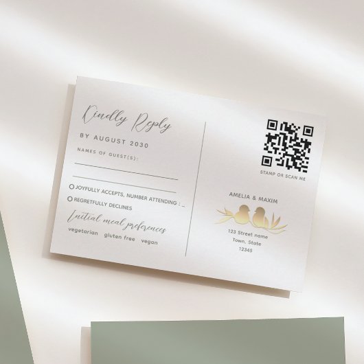 Sage Green Lovebirds Wedding QR RSVP Karte