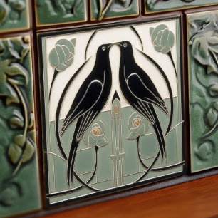 Sage Green Mackintosh Black Birds Art Deco Dekorat Fliese
