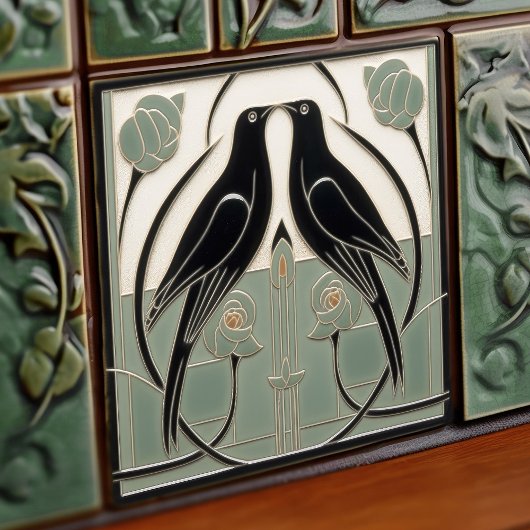 Sage Green Mackintosh Black Birds Art Deco Dekorat Fliese