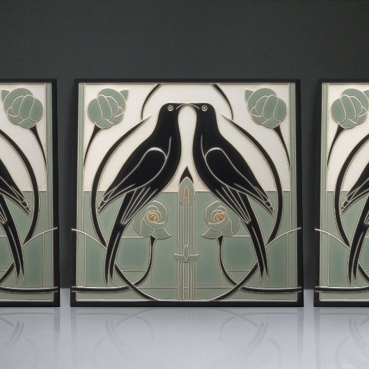 Sage Green Mackintosh Black Birds Art Deco Dekorat Fliese