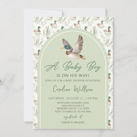 Sage Green Mallard Duck Boy Baby Shower Einladung (Vorderseite)
