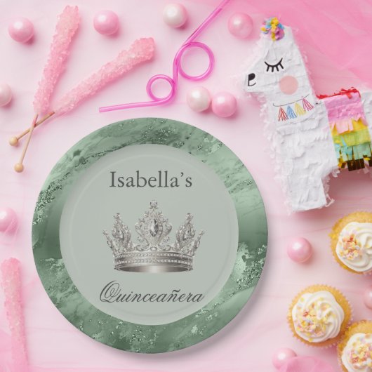 Sage Green Metallic Silver Tiara Crown Quinceañera Pappteller (Party)