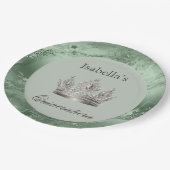 Sage Green Metallic Silver Tiara Crown Quinceañera Pappteller (Schrägansicht)