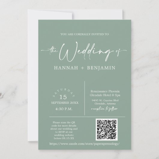Sage Green Minimal Boho Wedding Arch QR Code Foto Einladung (Vorderseite)