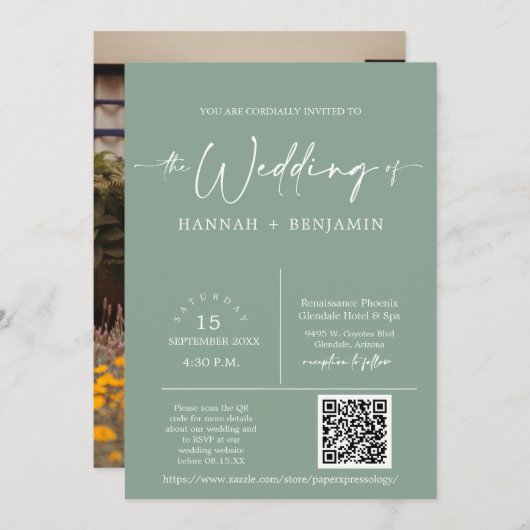 Sage Green Minimal Boho Wedding Arch QR Code Foto Einladung (Vorne/Hinten)
