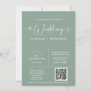 Sage Green Minimal Boho Wedding Arch QR Code Foto Einladung
