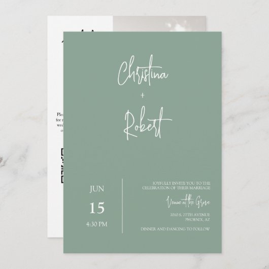 Sage Green Minimal Boho Wedding Foto QR Code UAWG Einladung (Vorne/Hinten)
