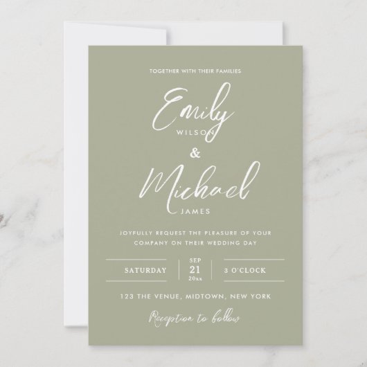 Sage Green Minimal Calligraphy Script Wedding Einladung (Vorderseite)