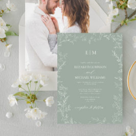 Sage Green Minimal Leaf Foto Monogram Wedding Einladung