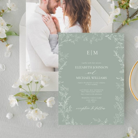 Sage Green Minimal Leaf Foto Monogram Wedding Einladung
