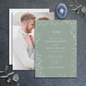 Sage Green Minimal Leaf Foto Monogram Wedding Einladung