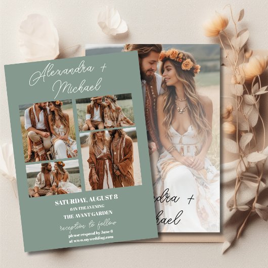 Sage Green Minimal Overlay Foto Hochzeit Einladung