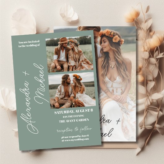 Sage Green Minimal Overlay Foto Hochzeit Einladung