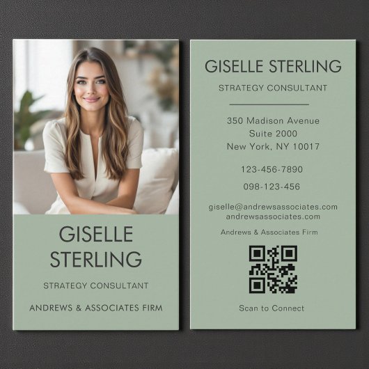 Sage Green Minimal QR Code Foto Modernes Visitenkarte