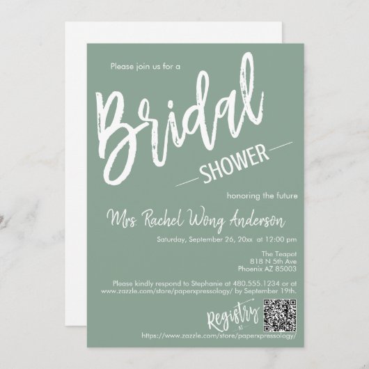 Sage Green Minimal Script Brautparty QR Code Einladung (Vorne/Hinten)