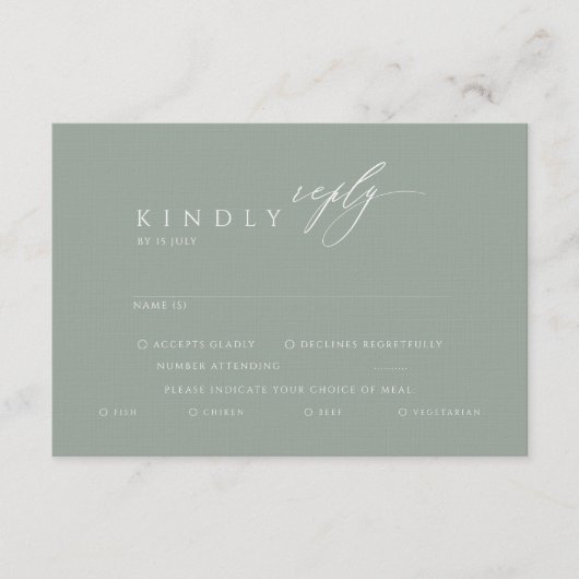 Sage Green Minimalistic Calligraphy Wedding RSVP Begleitkarte (Vorderseite)