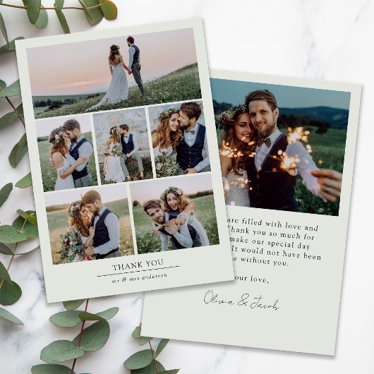 Sage Green Minimalistisch 7 Foto Hochzeit Dankeskarte