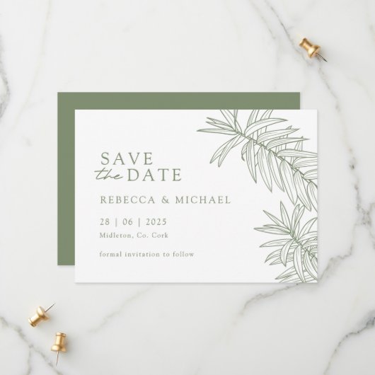 Sage Green Minimalistisch Botanic Save the Date (Vorderseite/Rückseite Beispiel)